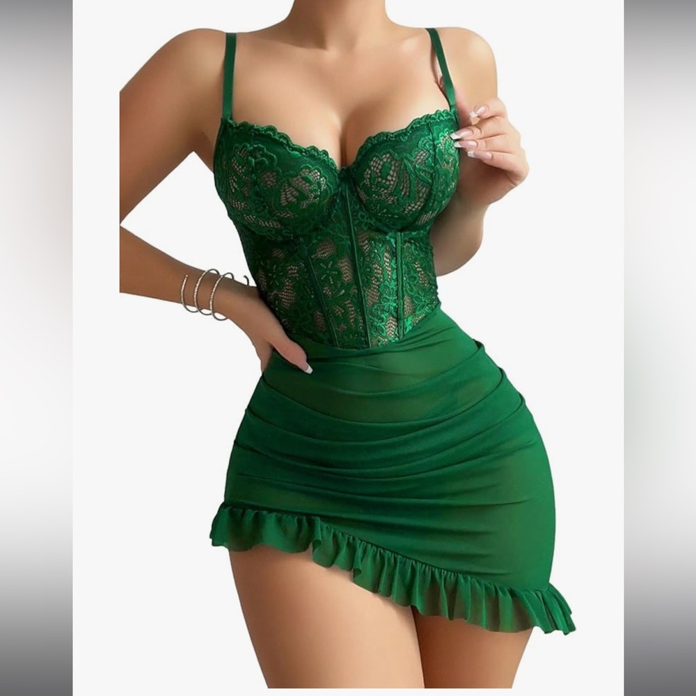 slip dress green mesh lace lingerie corset nightgown thong panty set